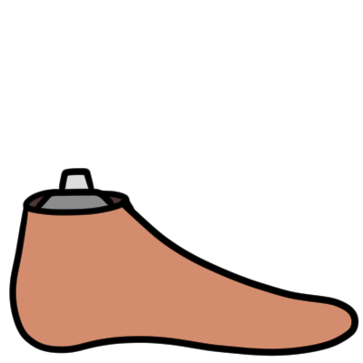 A simple prosthetic foot facing the right. it has an ankle adaptor, and the foot is a warm light brown and shaped like a flesh foot.